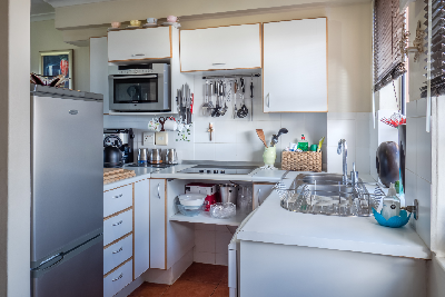 kitchen with shelves and cupboards